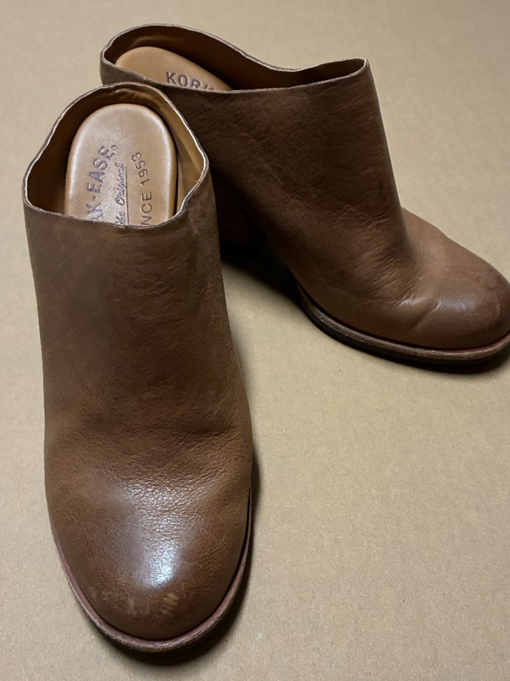 Kork-Ease Challis mules brown leather finish chunky block heel Sz 7
